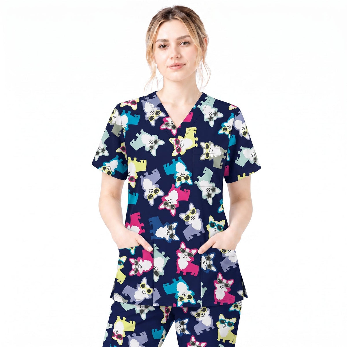 Funny Dog Print Scrub Top, Cute Puppy Pattern Nursing Uniform, Breathable Medical Scrubs for Women (Copy)