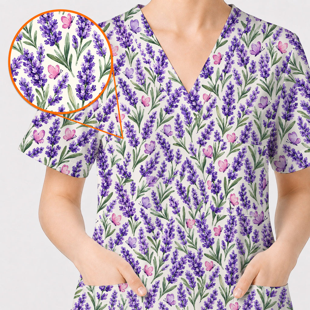 Charming Lavender Scrub Top, Purple Lavender Butterfly Nurse Scrubs Uniform, Botanical Floral Gift For Nurses