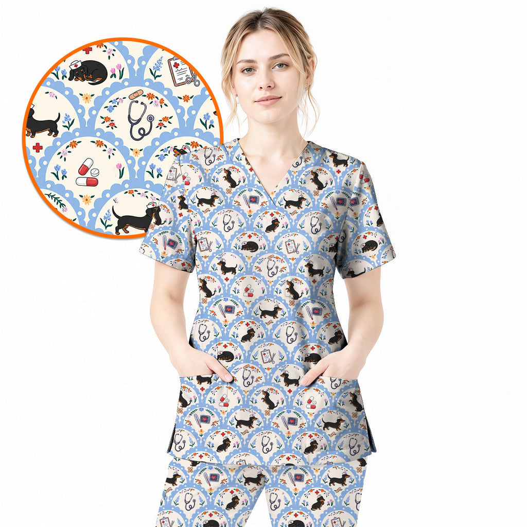 Dachshund Nurse Scrub Top, Wiener Dog Medical Pattern Scrubs for Nurses, Cute Healthcare Uniform for Dog Lovers
