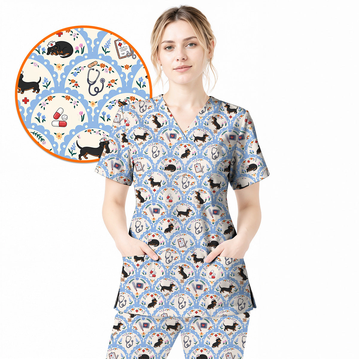 Dachshund Nurse Scrub Top, Wiener Dog Medical Pattern Scrubs for Nurses, Cute Healthcare Uniform for Dog Lovers