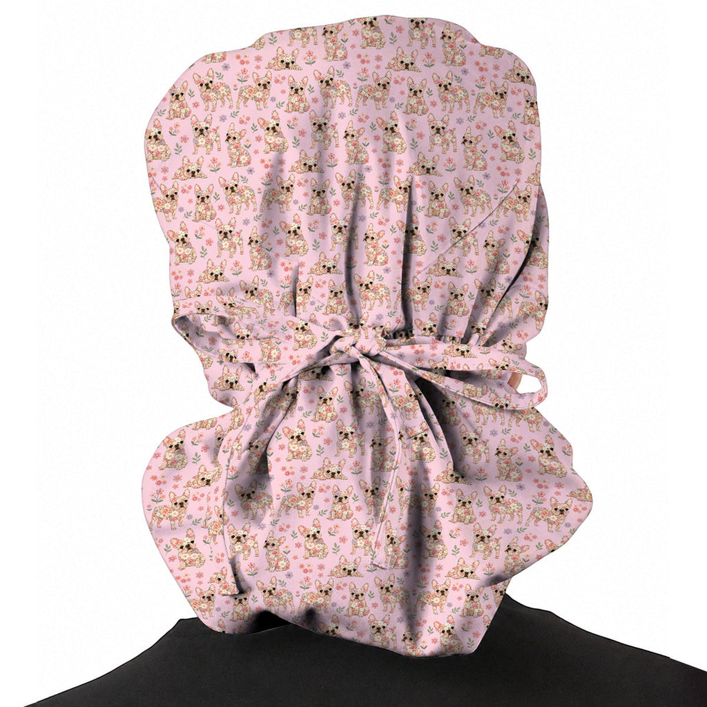 Floral French Bulldog Nurse Scrub Cap, Cute Frenchie Flower Pattern Scrubs for Nurses, Dog Lover Healthcare Gift