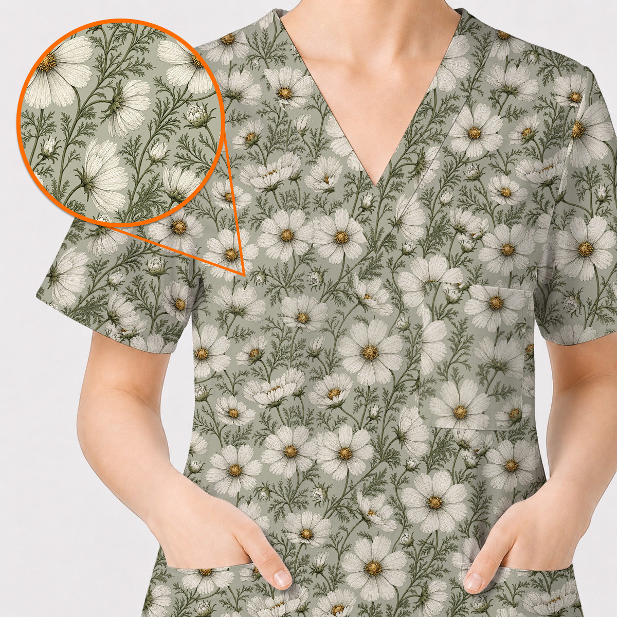 Cosmos Floral Scrub Top, Vintage Cosmos Flower Print Scrubs, Botanical Nurse Uniform