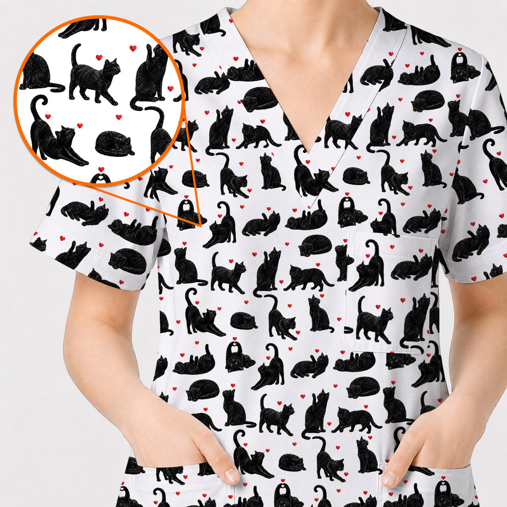 Black Cat Love Scrub Top, Cute Cat Heart Print Scrubs, Cat Lover Nurse Uniform
