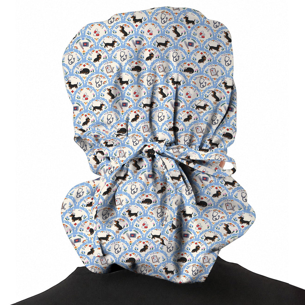 Dachshund Nurse Scrub Cap, Wiener Dog Medical Pattern Scrubs for Nurses, Cute Healthcare Uniform for Dog Lovers
