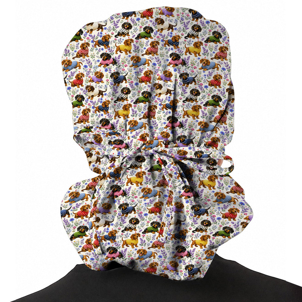 Dachshund Floral Nurse Scrub Cap, Cute Wiener Dog Pattern Scrubs for Nurses, Dog Lover Healthcare Gift