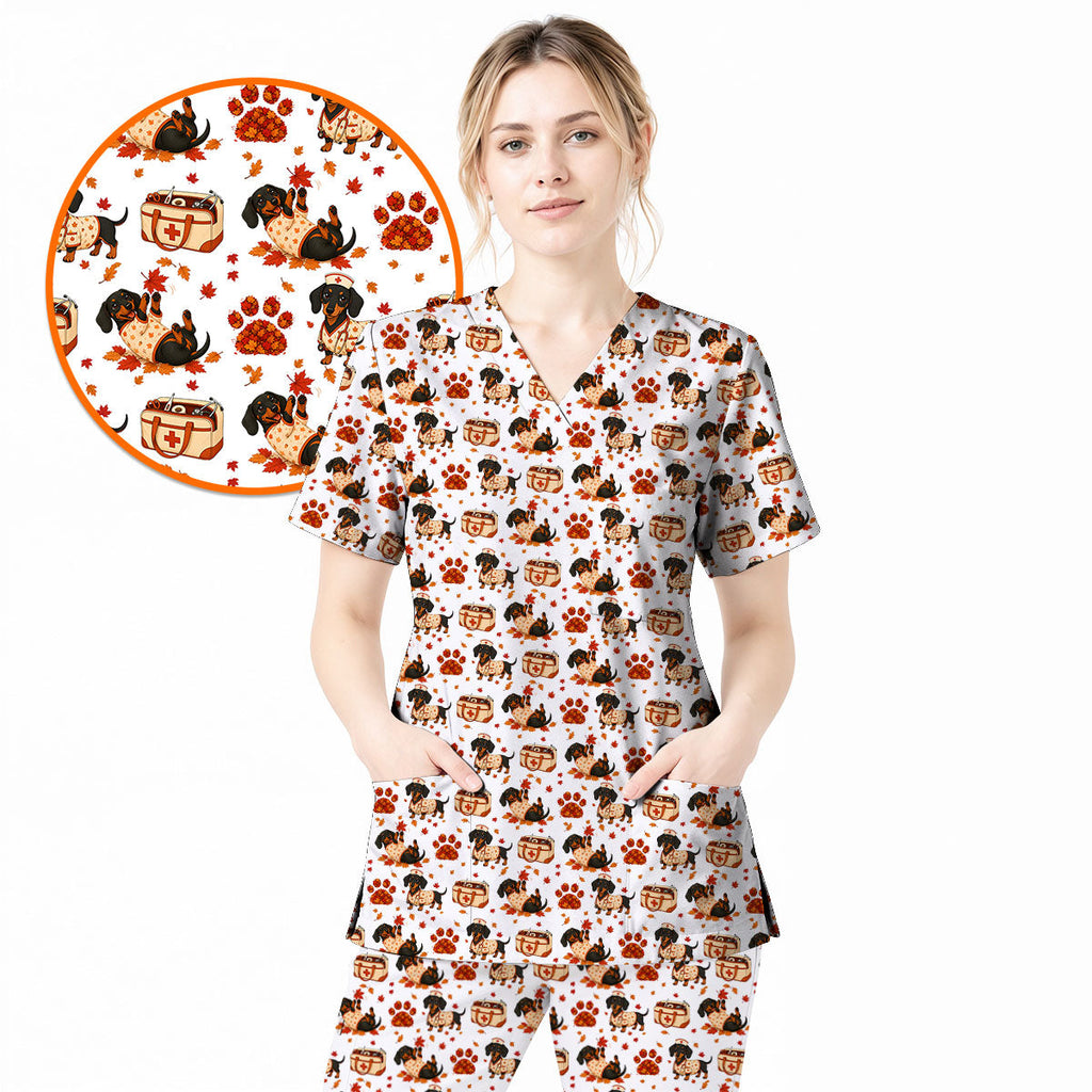 Fall Dachshund Scrub Top, Autumn Wiener Dog Nurse Uniform for Veterinary Professionals, Breathable Fabrics Nursing Scrubs for Dog Lovers