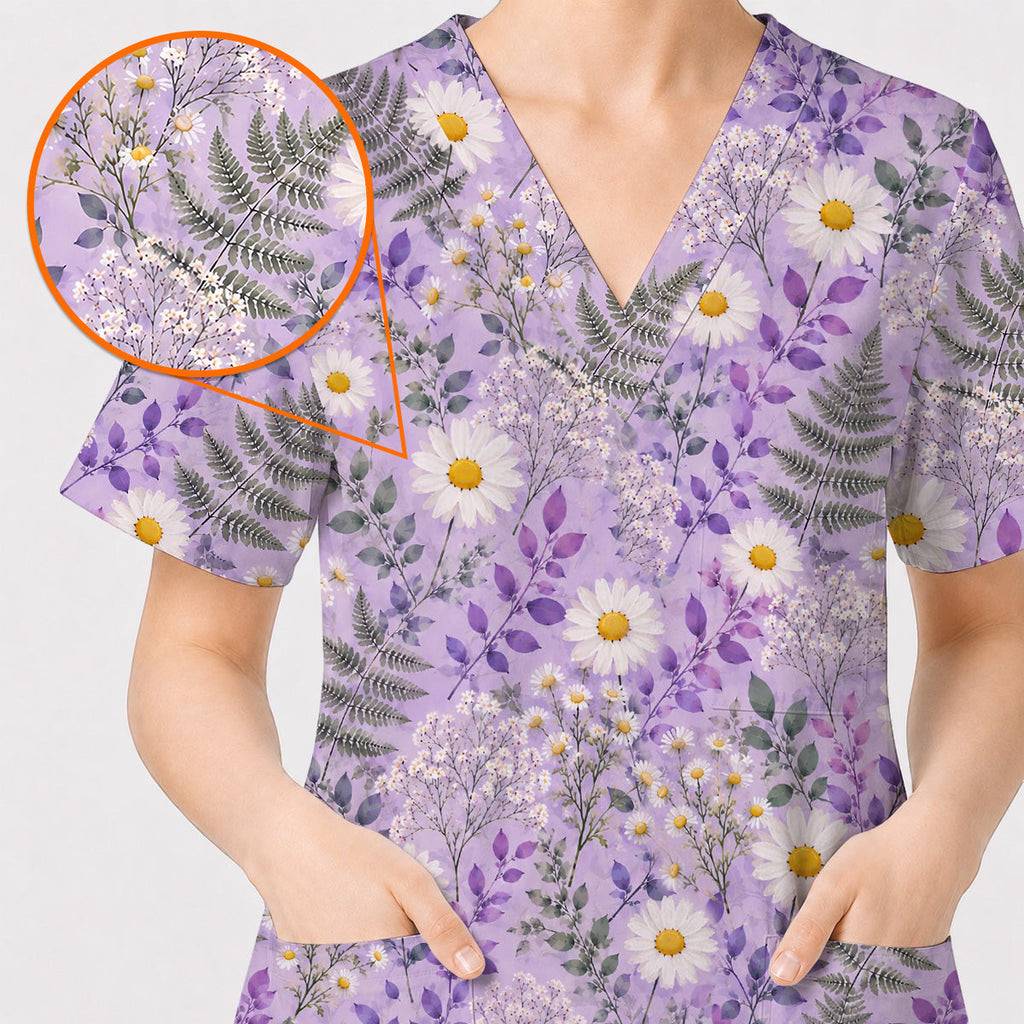 Purple Daisy Floral Scrub Top, Lavender Botanical Nurse Shirt, Wildflower Healthcare Uniform