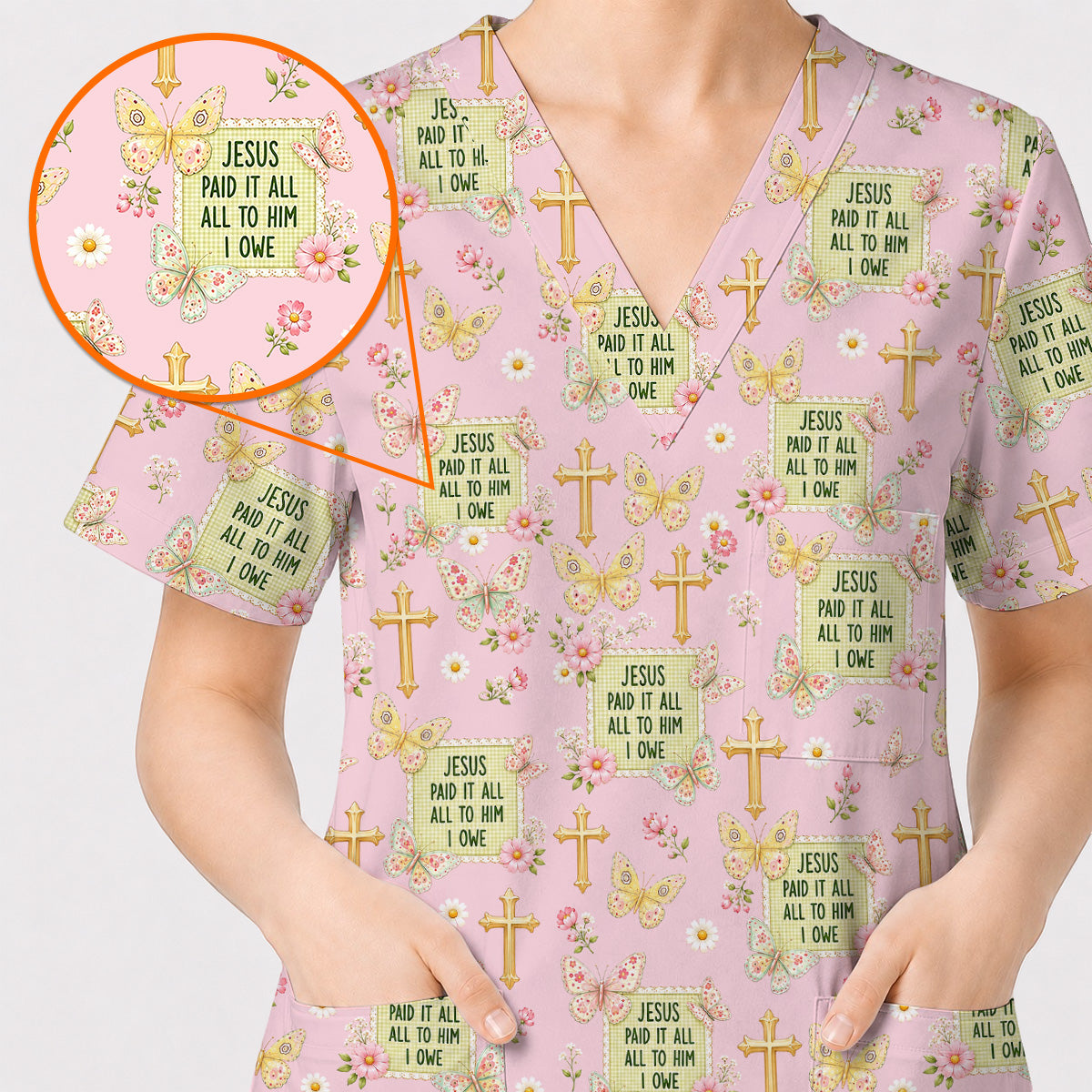 Jesus Paid It All Scrub Top, Christian Butterfly Floral Nurse Scrubs Uniform, Faith Inspired Gift For Nurses