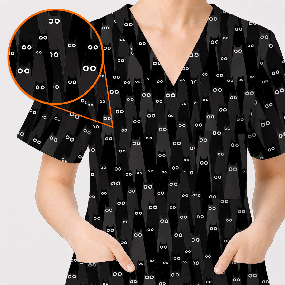 Black Cat Scrub Top, Spooky Cat Print Scrubs, Cute Halloween Nurse Uniform
