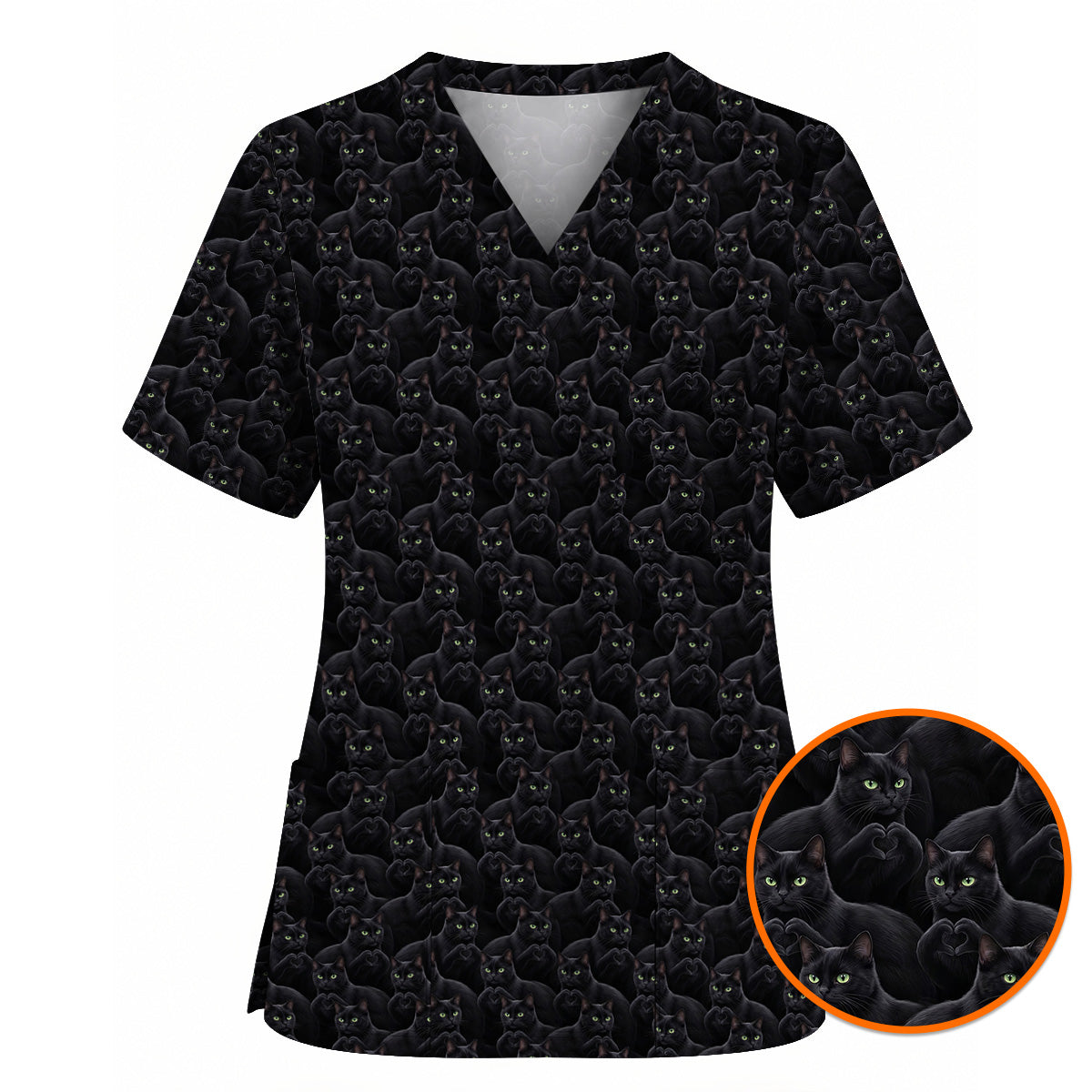 Black Cat Scrub Top for Cat Lovers, Cute Black Cat Nursing Uniform, Comfortable Feline Medical Scrubs For Nurse