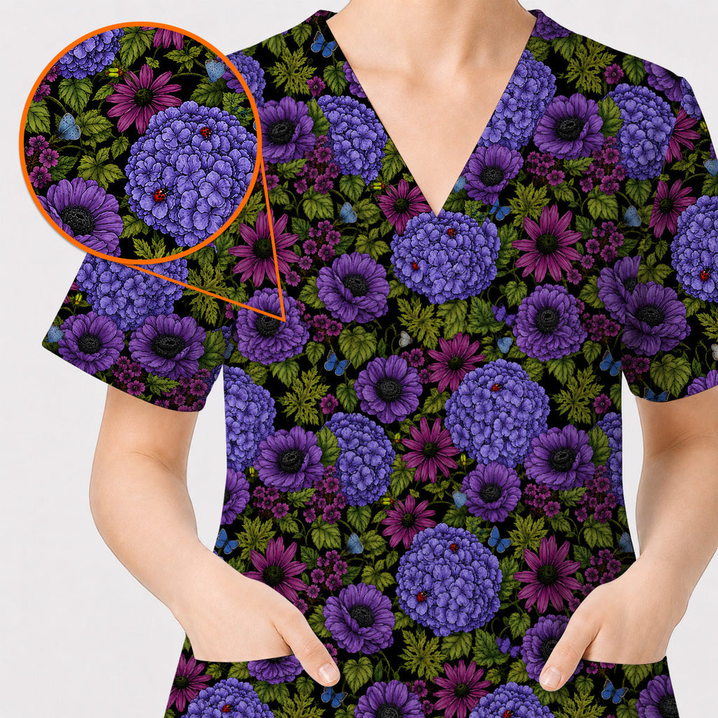 Purple Hydrangea Floral Scrub Top, Dark Botanical Nurse Shirt, Elegant Wildflower Healthcare Uniform