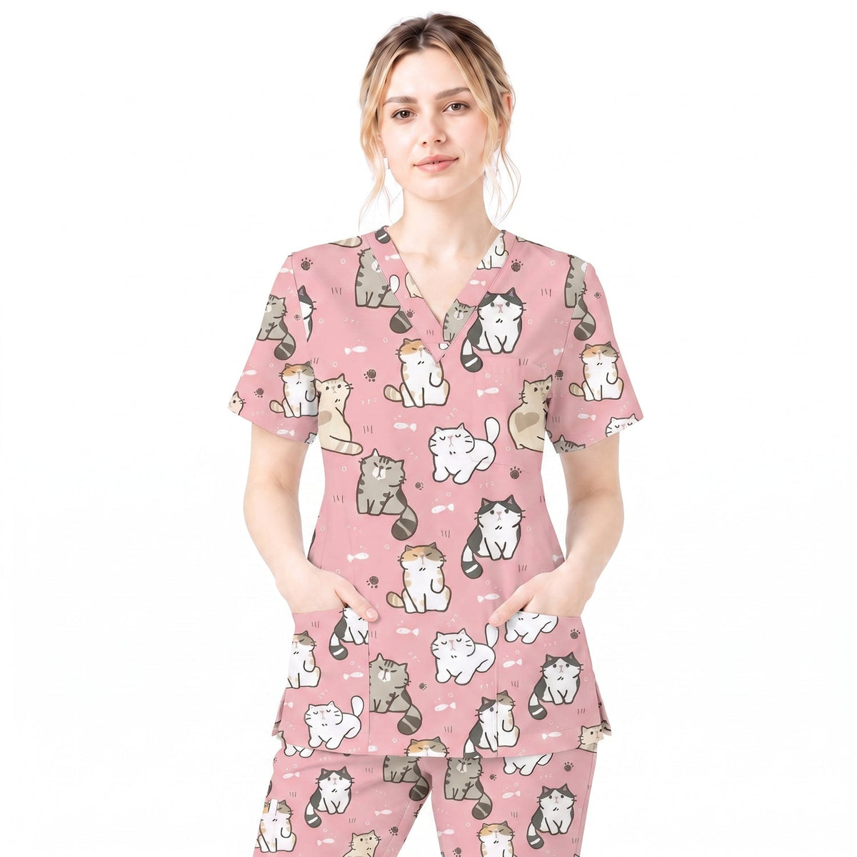 Funny Cat Scrub Set, Cute Cat Pattern Scrub For Nursing, Breathable Med Uniform