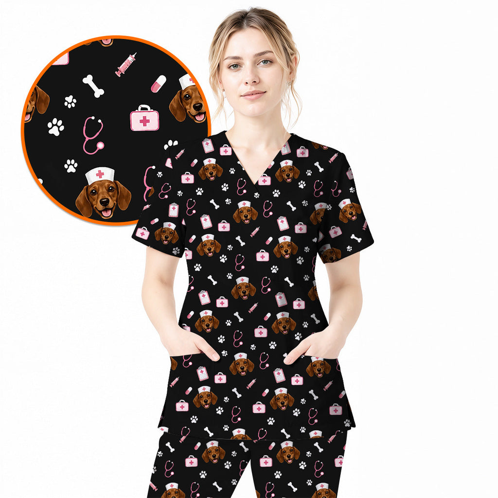 Dachshund Nurse Scrub Top, Cute Wiener Dog Medical Uniform for Veterinary Professionals, Black Dog Lover Scrubs for Nurses