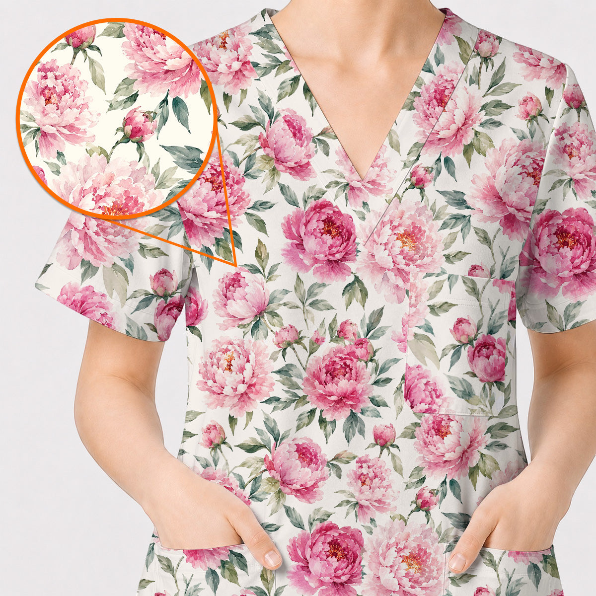 Pink Peony Garden Scrub Top, Watercolor Peony Floral Print Scrubs, Romantic Botanical Nurse Uniform