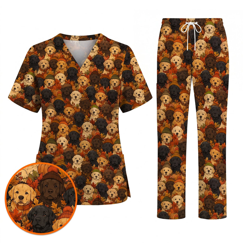 Autumn Labrador Scrub Top, Fall Labrador Retriever Nursing Uniform for Dog Lovers, Cozy Nurse Scrubs with Labrador Pattern