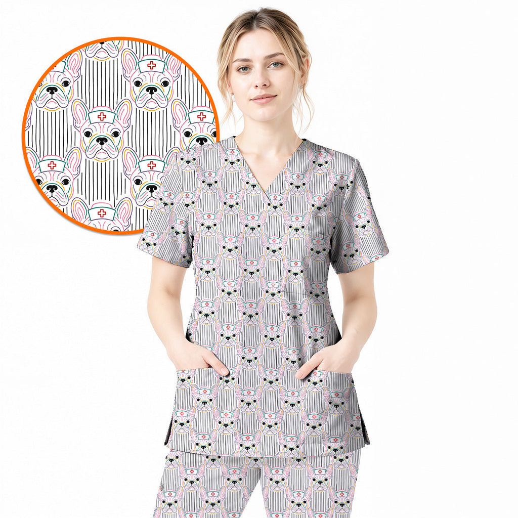 French Bulldog Nurse Scrub Top, Cute Frenchie Medical Pattern Scrubs, Dog Lover Gift for Nurses & Healthcare Workers