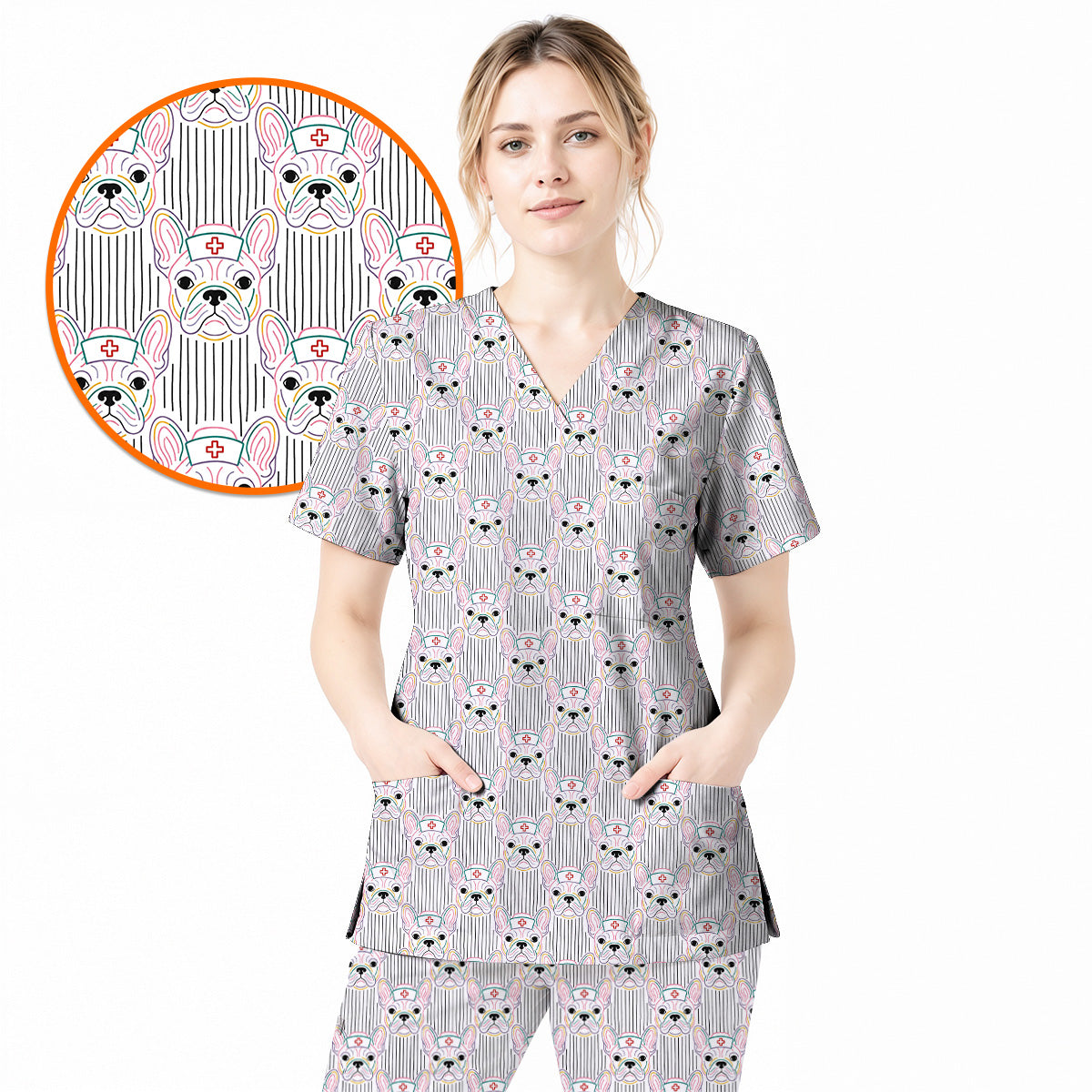 French Bulldog Nurse Scrub Top, Cute Frenchie Medical Pattern Scrubs, Dog Lover Gift for Nurses & Healthcare Workers