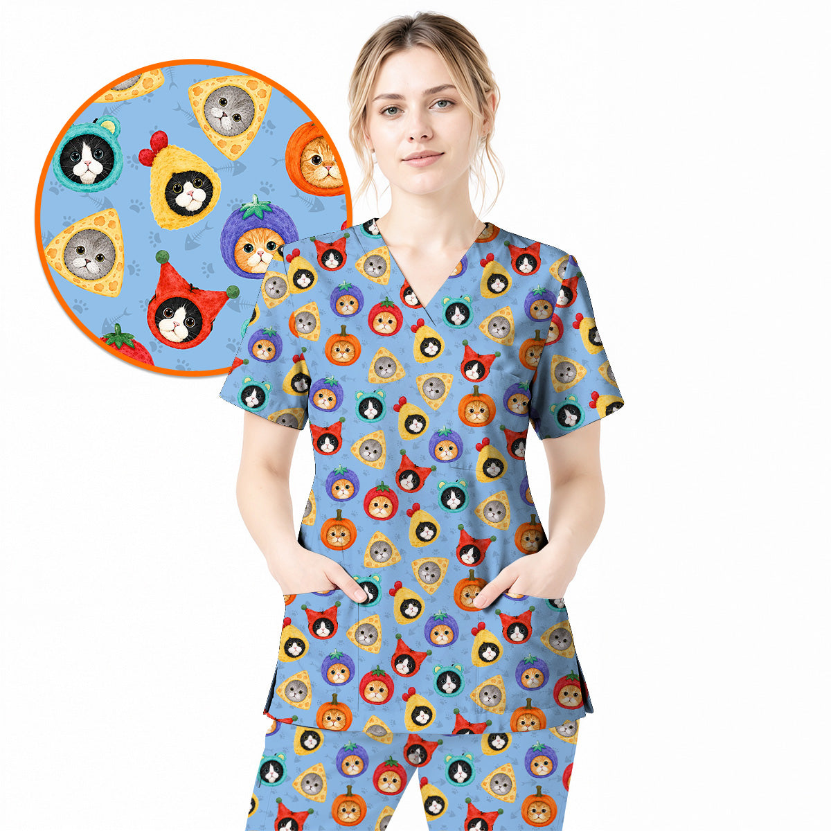Funny Cat Pattern Scrub Top, Cute Kitty Nursing Uniform for Cat Lovers, Comfortable Medical Scrubs for Nurses