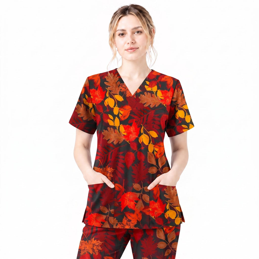 Autumn Leaves Scrub Top for Women, Fall Floral Nursing Uniform, Breathable Autumn Medical Scrub Shirt