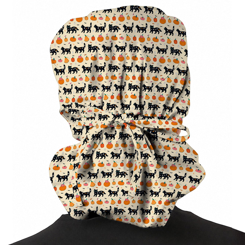 Halloween Black Cat Scrub Caps, Pumpkin Cat Print Scrubs, Spooky Nurse Cap