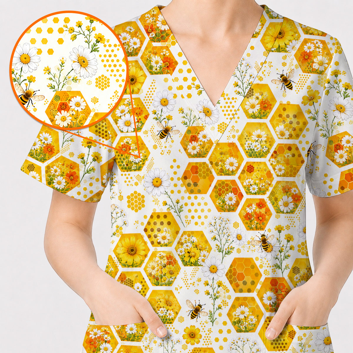 Honey Bee Daisy Scrub Top, Honeycomb Floral Nurse Shirt, Cute Bee Healthcare Uniform