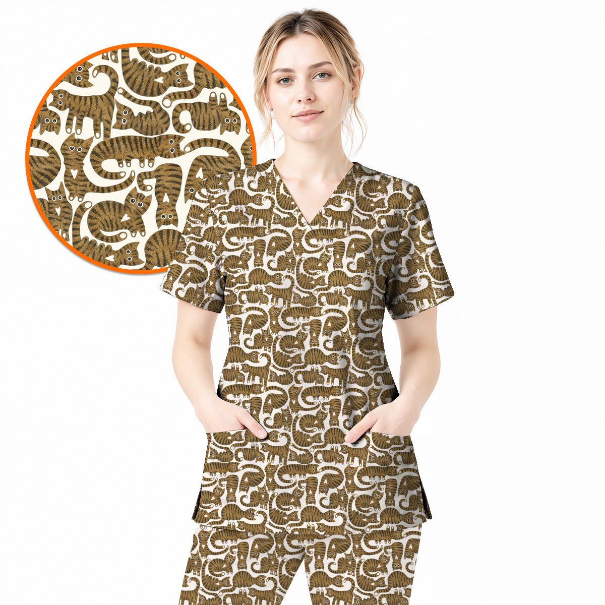 Cute Tabby Cat Pattern Scrub Top, Brown Tabby Cat Nursing Uniform for Cat Lovers, Comfortable Feline Scrubs for Nurses 1