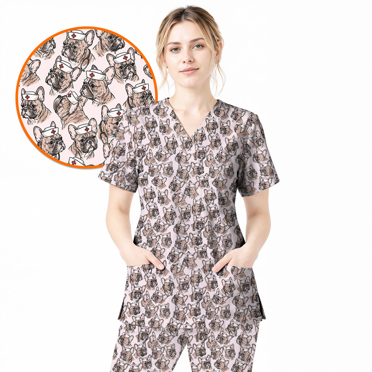 French Bulldog Nurse Scrub Top, Vintage Frenchie Medical Pattern Scrubs for Nurses, Cute Dog Lover Healthcare Gift
