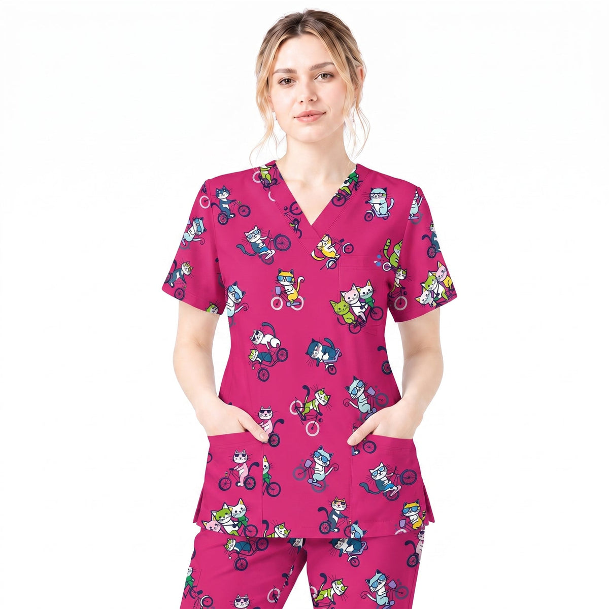 Cat On Wheels Pattern Scrub Top, Funny Cats Scrub Top for Women, Breathable Fabrics Nursing Uniform
