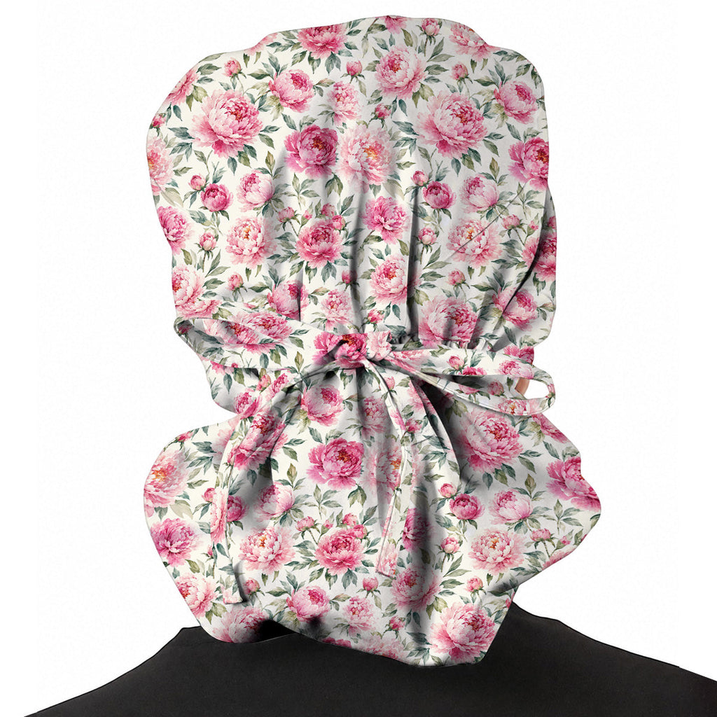 Pink Peony Garden Scrub Cap, Watercolor Peony Floral Print Scrubs, Romantic Botanical Nurse Caps