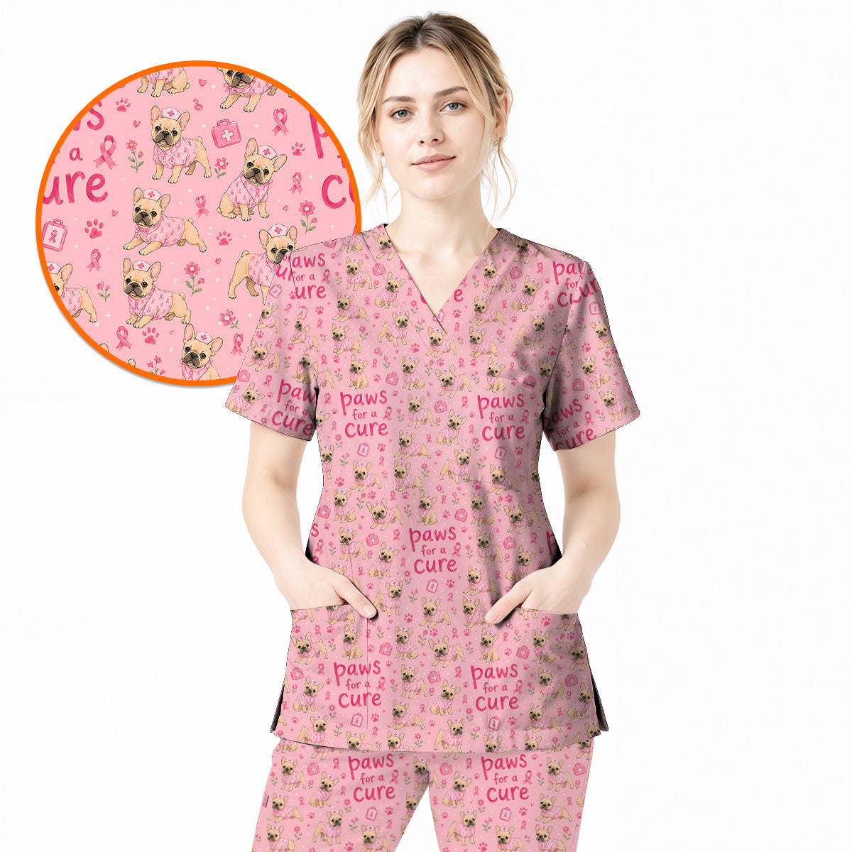 Breast Cancer French Bulldog Scrub Top, Paws for a Cure Nursing Uniform, Pink Nurse Scrubs for Dog Lovers