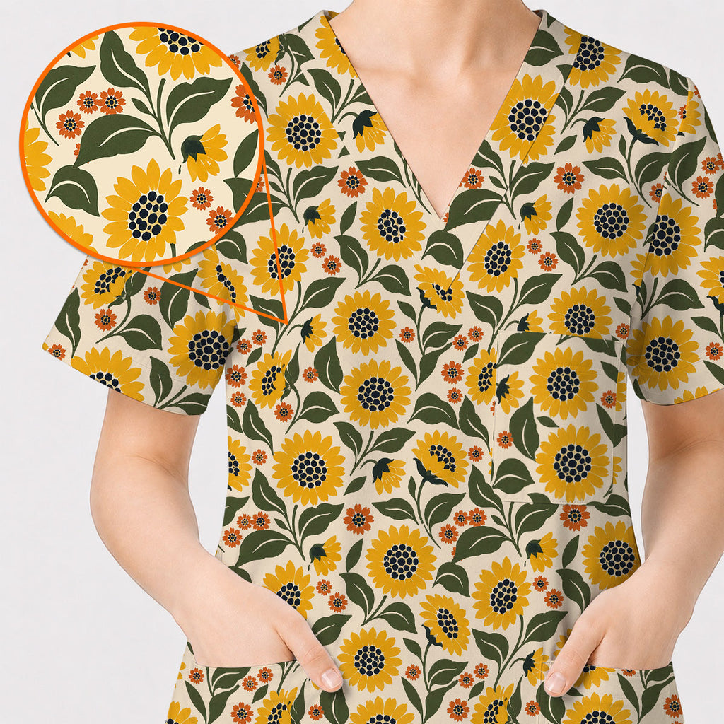 Retro Sunflower Scrub Top, Vintage Sunflower Floral Nurse Scrubs Uniform, Cheerful Flower Gift For Nurses