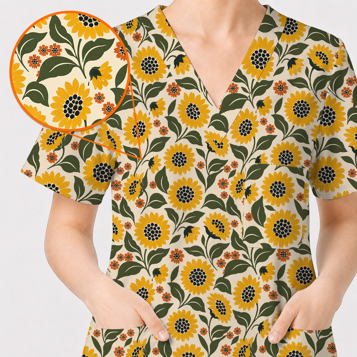 Retro Sunflower Scrub Top, Vintage Sunflower Floral Nurse Scrubs Uniform, Cheerful Flower Gift For Nurses