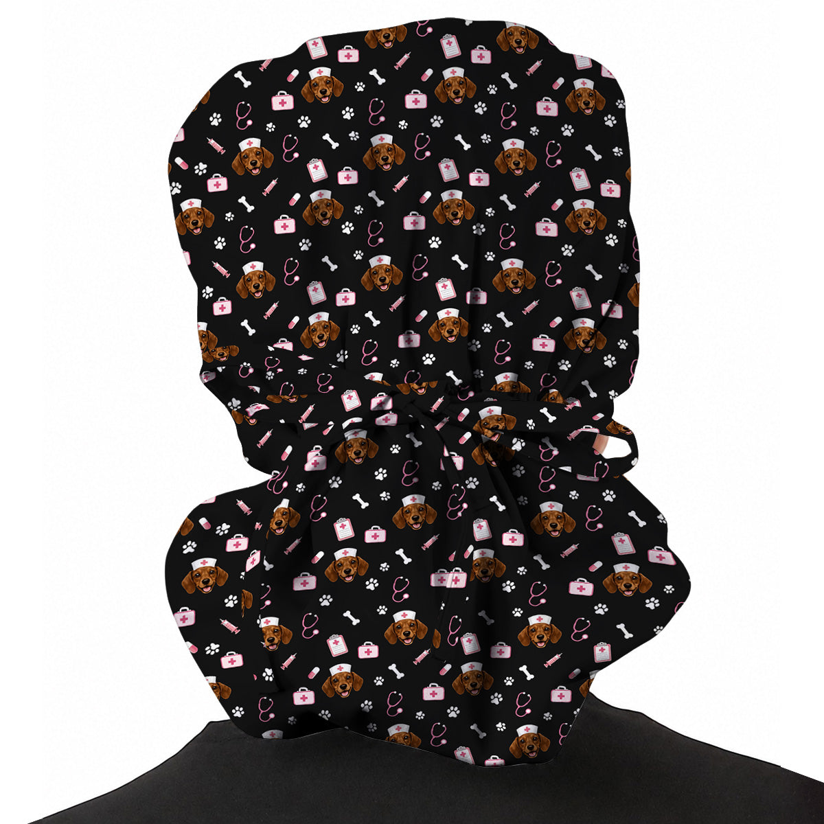 Dachshund Nurse Scrub Cap, Cute Wiener Dog Medical Uniform for Veterinary Professionals, Black Dog Lover Scrubs for Nurses