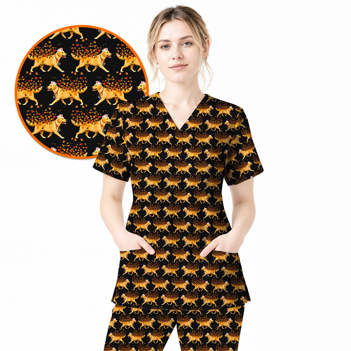 Autumn Labrador Retriever Nurse Scrub Top, Funny Fall Lab Dog Medical Uniform for Veterinary & Healthcare Staff, Comfortable Scrubs for Nurses