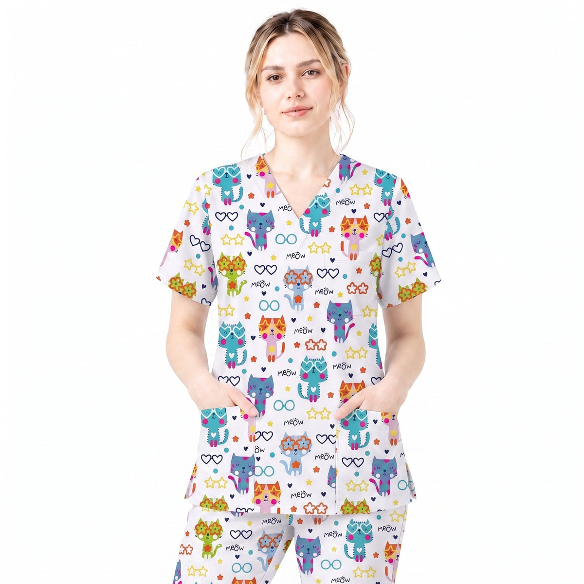 Cat Meow Pattern Scrub Top, Funny Cats Scrub Top for Women, Breathable Fabrics Nursing Uniform