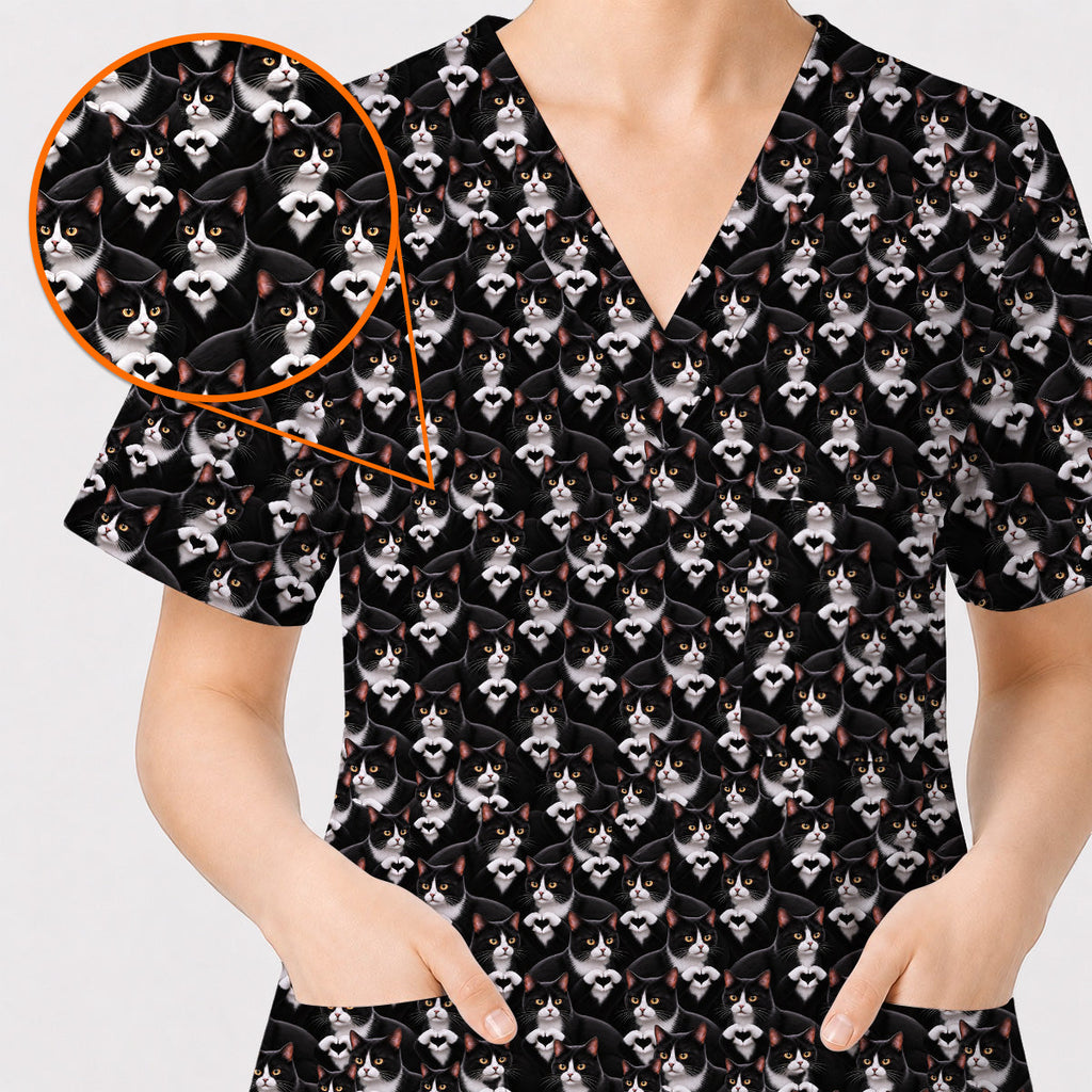 Tuxedo Cat Pattern Scrub Top, Black And White Cat Nurse Scrubs, Breathable Fabrics Nursing Uniform