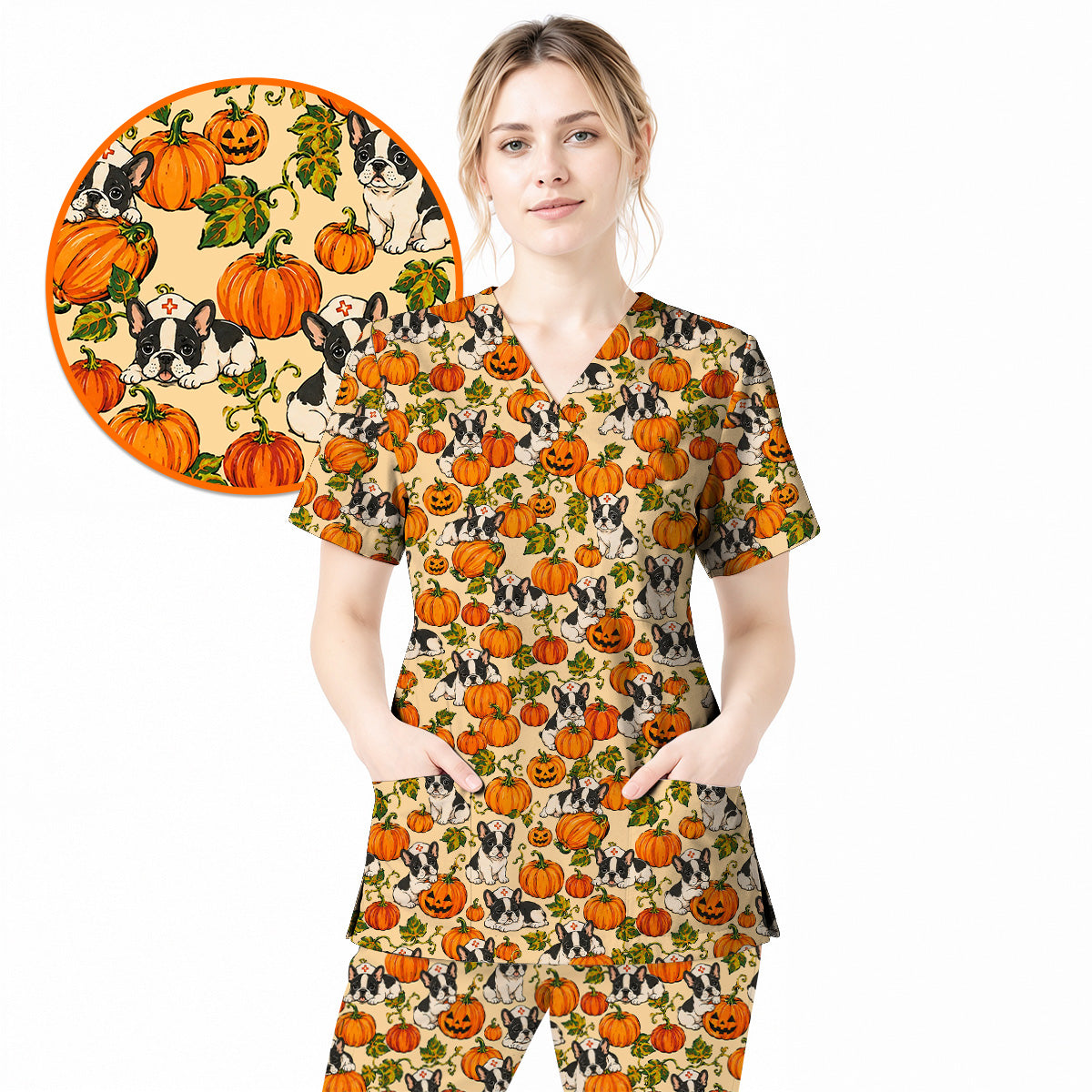 French Bulldog Halloween Nurse Scrub Top, Pumpkin Frenchie Pattern Scrubs, Cute Fall Dog Scrub Shirt for Nurses