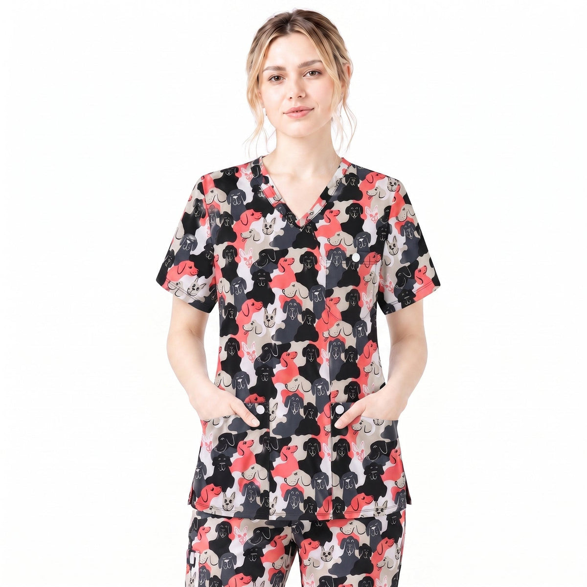 Cute Dog Pattern Scrub Top, Cartoon Puppy Nursing Scrub for Women, Breathable Veterinary Medical Uniform