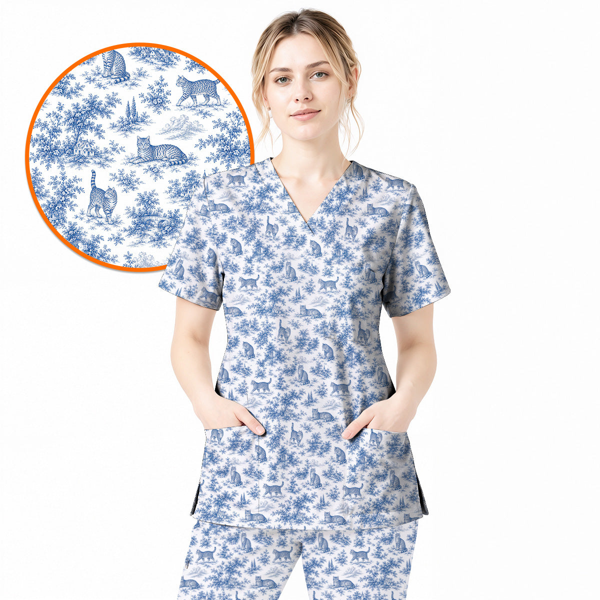 Toile de Jouy Cat Scrub Top, Crazy Cats Pattern Nursing Uniform for Cat Lovers, Vintage Feline Medical Scrubs