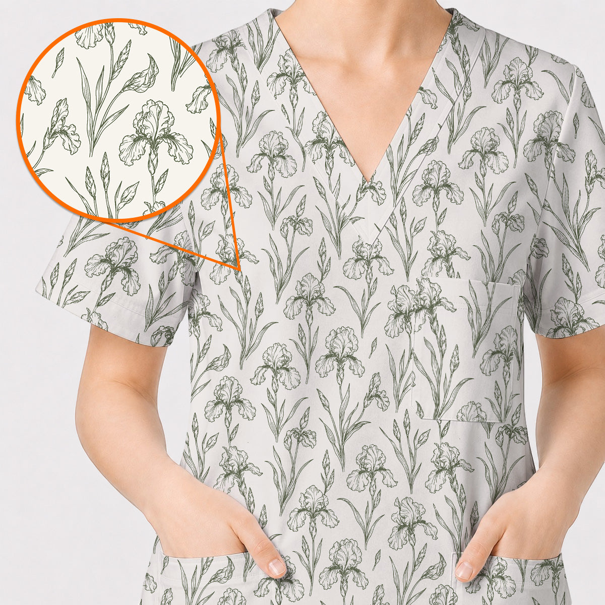 Iris Floral Scrub Top, Botanical Iris Print Scrubs, Vintage Flower Nurse Uniform