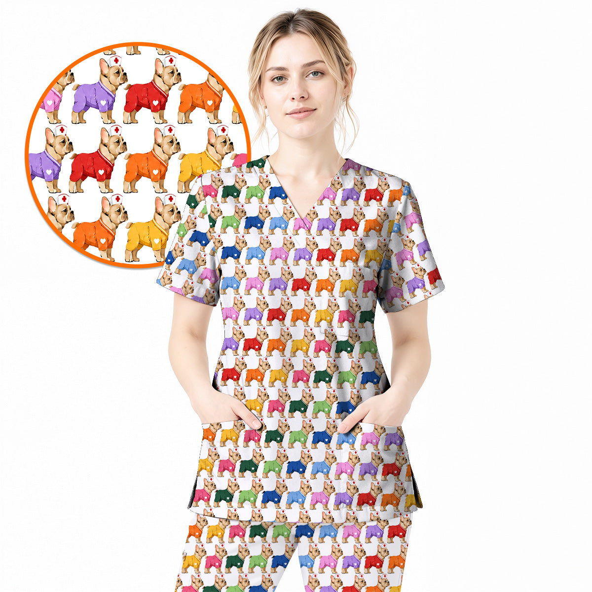 Colorful French Bulldog Nurse Scrub Top, Cute Frenchie Medical Pattern Scrubs for Nurses, Dog Lover Healthcare Gift