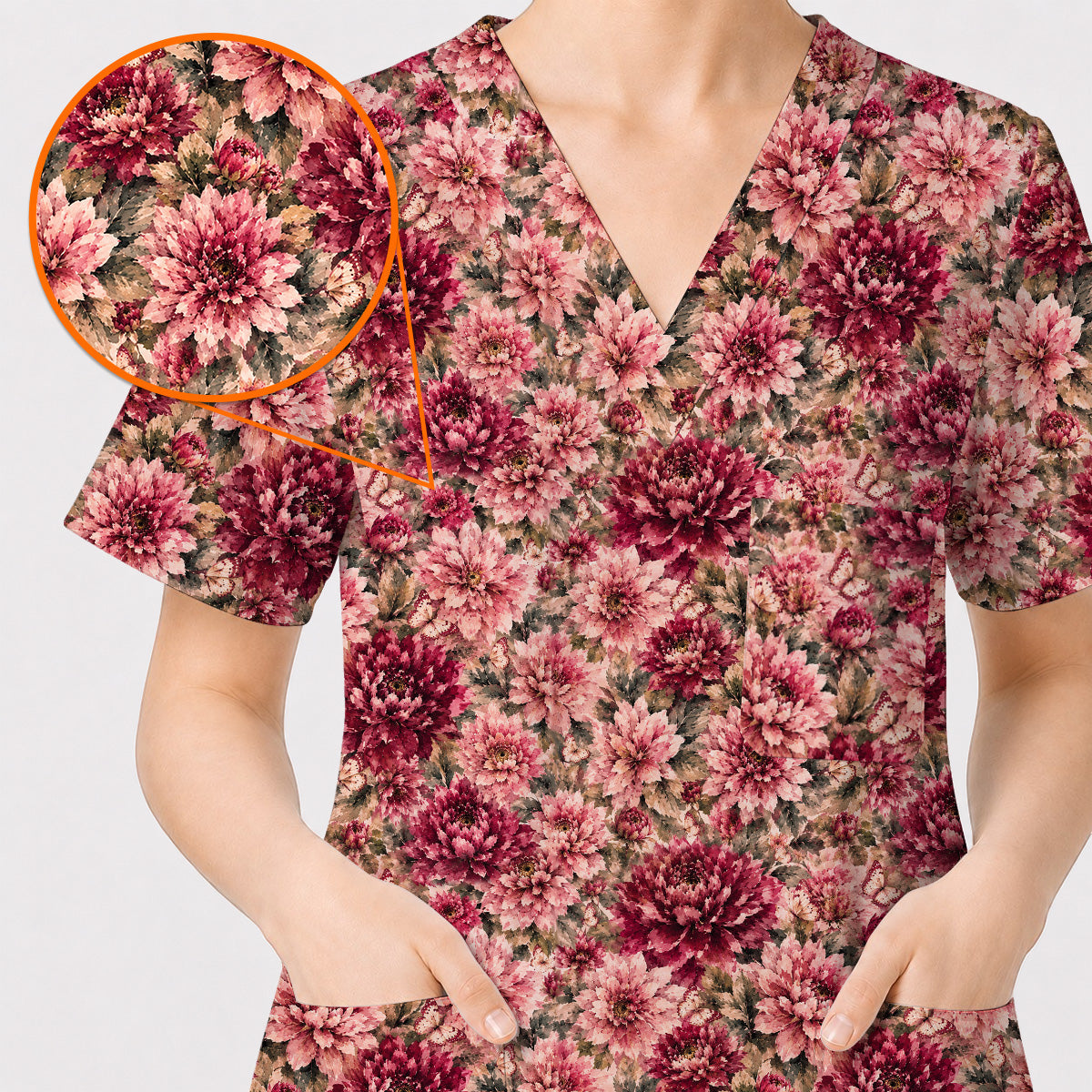 Dahlia Floral Scrub Top, Vintage Dahlia Flower Print Scrubs, Botanical Nurse Uniform