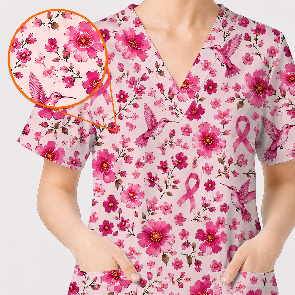 Pink Ribbon Hummingbird Scrub Top, Breast Cancer Awareness Floral Nurse Shirt, Pink Healthcare Uniform