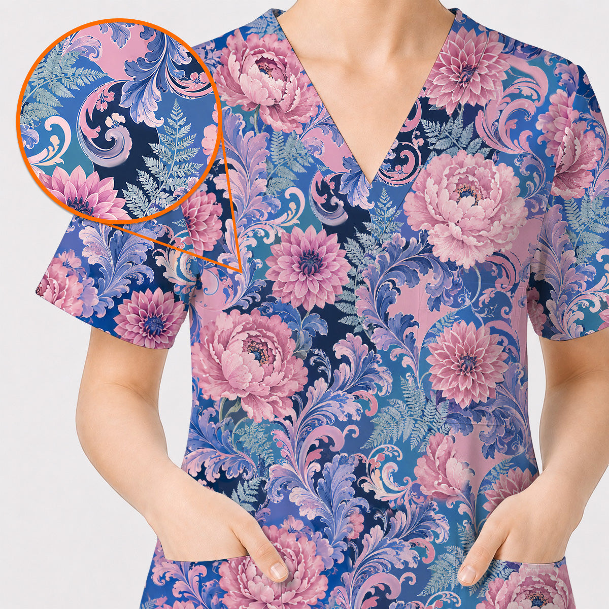 Pink Peony Floral Scrub Top, Elegant Blue Botanical Nurse Shirt, Vintage Floral Healthcare Uniform