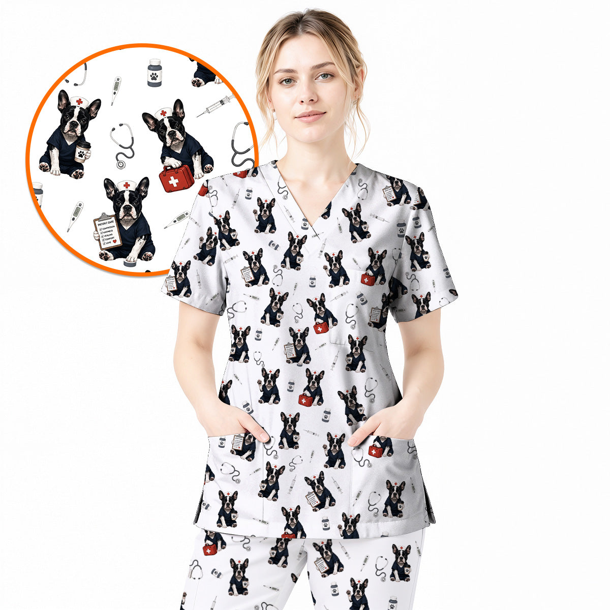 Frenchton Veterinary Scrub Top, Frenchton Vet Nurse Uniform for Animal Lovers, Comfortable Veterinary Scrubs for Veterinary Professionals