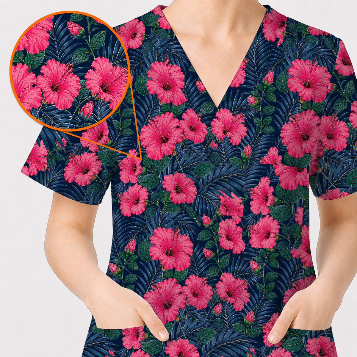 Tropical Hibiscus Scrub Top, Vibrant Hibiscus Floral Nurse Scrubs, Botanical Gift For Nurses