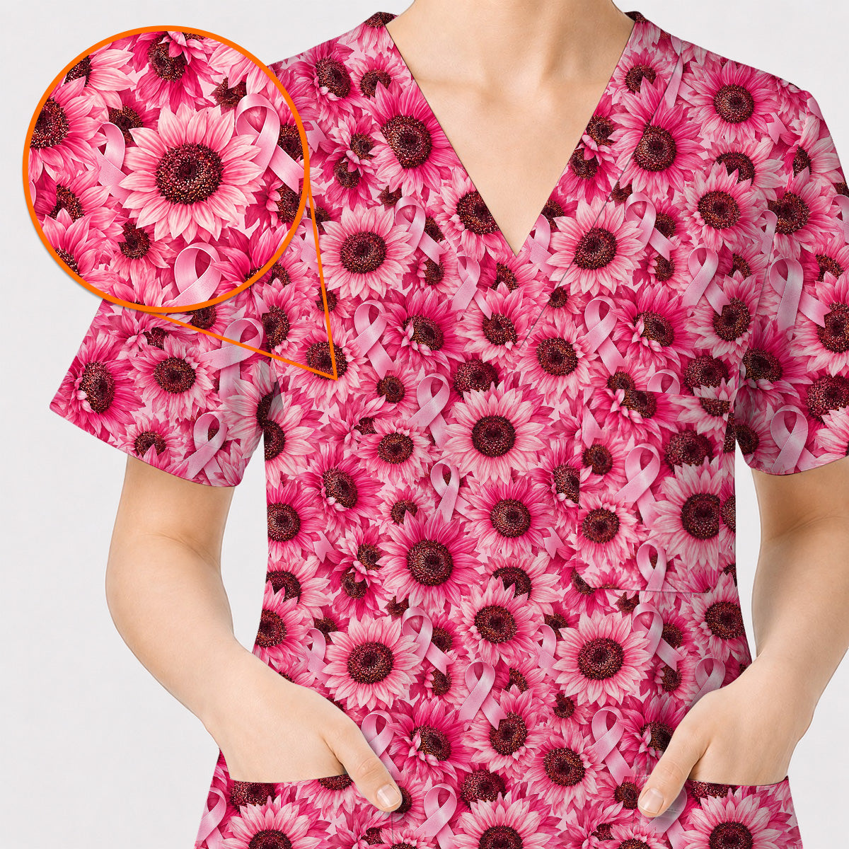 Breast Cancer Awareness Floral Scrub Top, Pink Ribbon Pattern Nurse Scrubs, Breast Cancer Nursing Uniform