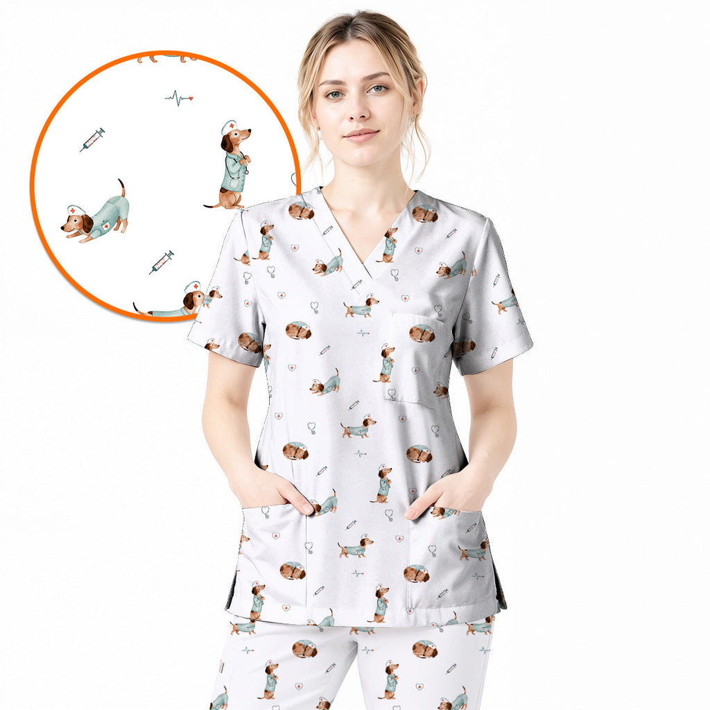 Dachshund Nurse Scrub Top, Cute Wiener Dog Nursing Uniform for Dog Lovers, Comfortable Nurse Scrubs for Healthcare Workers