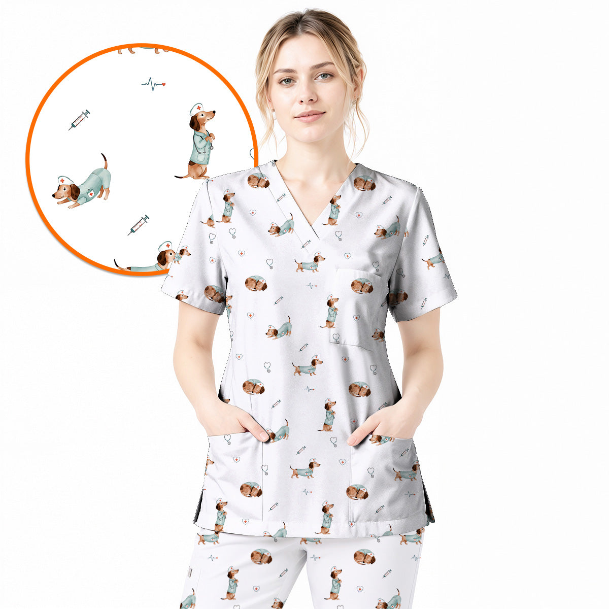 Dachshund Nurse Scrub Top, Cute Wiener Dog Nursing Uniform for Dog Lovers, Comfortable Nurse Scrubs for Healthcare Workers