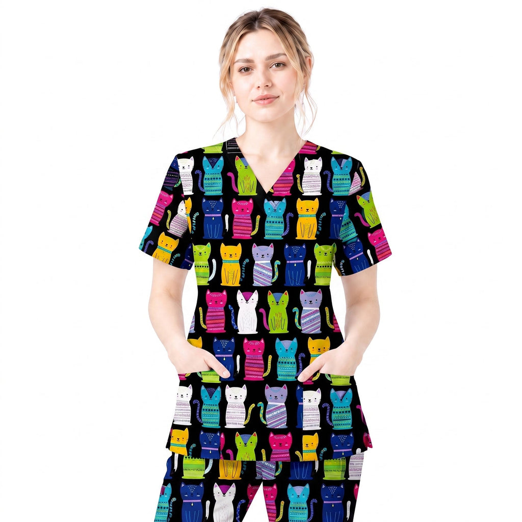 Funny Cat Scrub Top for Women, Cute Rainbow Cats Nursing Uniform, Gift for RN LPN CNA Veterinary Healthcare Professionals